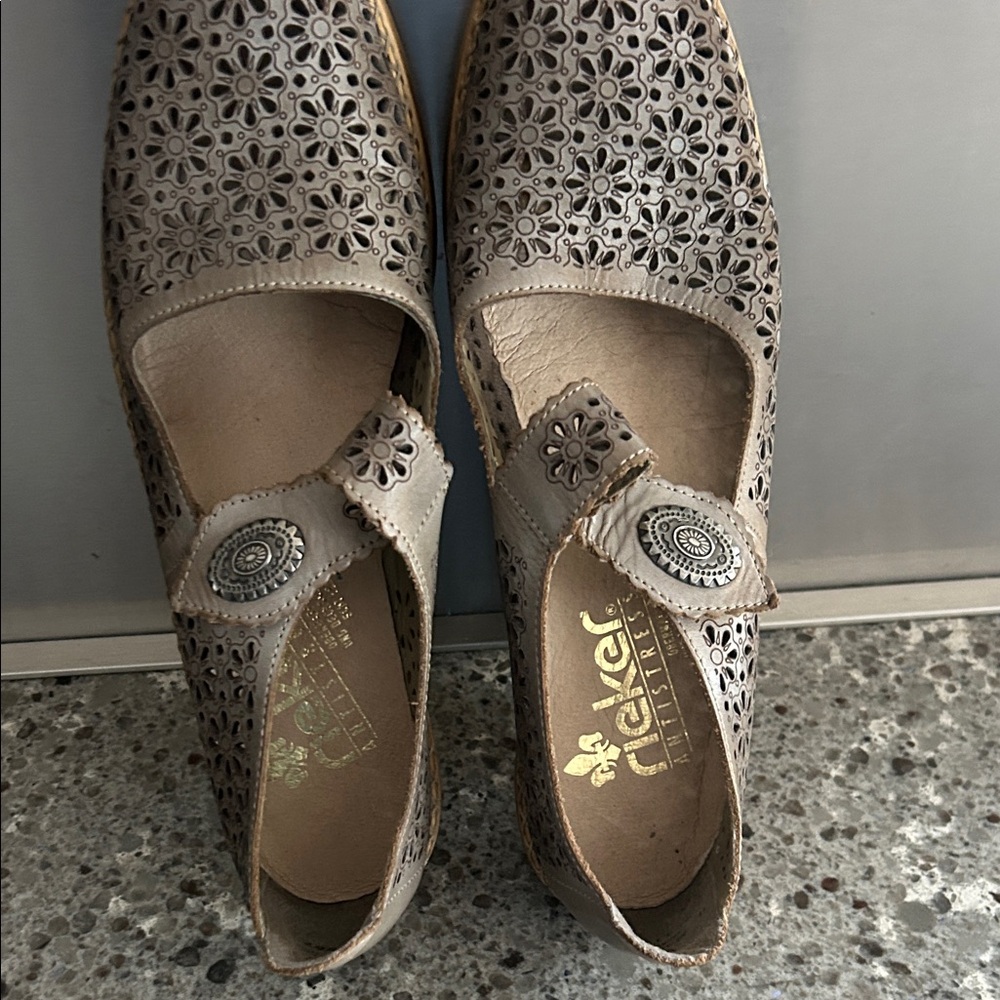 Rieker Women's Taupe Laser-Cut Mary Jane Flats with Decorative Button